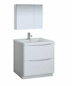 Fresca Tuscany 31.5"W X 19"D Glossy White Bathroom Vanity with Integrated Rectangular Bowl and Medicine Cabinet