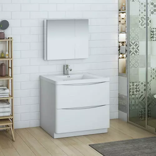 Fresca Tuscany 35.5"W X 19"D Glossy White Vanity with White Acrylic Top & Integrated Rectangular Bowl | Modern Bathroom Vanity with Medicine Cabinet 2 Fresca Tuscany 35.5"W X 19"D Glossy White Vanity with White Acrylic Top & Integrated Rectangular Bowl | Modern Bathroom Vanity with Medicine Cabinet - Image 2