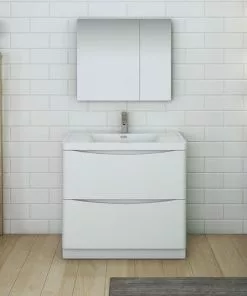 Fresca Tuscany 35.5"W X 19"D Glossy White Vanity with White Acrylic Top & Integrated Rectangular Bowl | Modern Bathroom Vanity with Medicine Cabinet 9 Fresca Tuscany 35.5"W X 19"D Glossy White Vanity with White Acrylic Top & Integrated Rectangular Bowl | Modern Bathroom Vanity with Medicine Cabinet -Tuscany Shop FVN9136WH 2