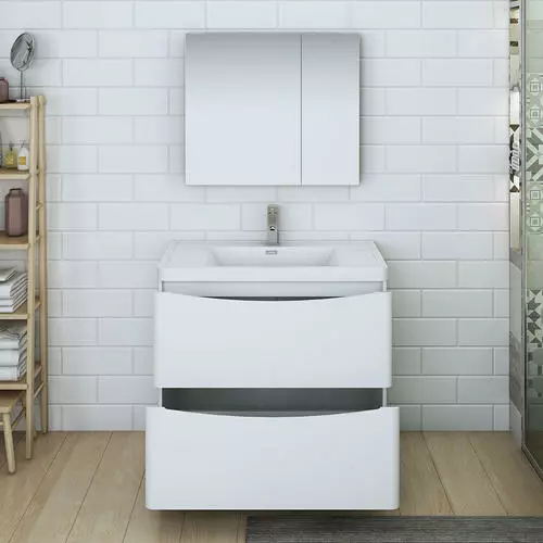 Fresca Tuscany 35.5"W X 19"D Glossy White Vanity with White Acrylic Top & Integrated Rectangular Bowl | Modern Bathroom Vanity with Medicine Cabinet 4 Fresca Tuscany 35.5"W X 19"D Glossy White Vanity with White Acrylic Top & Integrated Rectangular Bowl | Modern Bathroom Vanity with Medicine Cabinet - Image 4