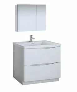Fresca Tuscany 35.5"W X 19"D Glossy White Vanity with White Acrylic Top & Integrated Rectangular Bowl | Modern Bathroom Vanity with Medicine Cabinet