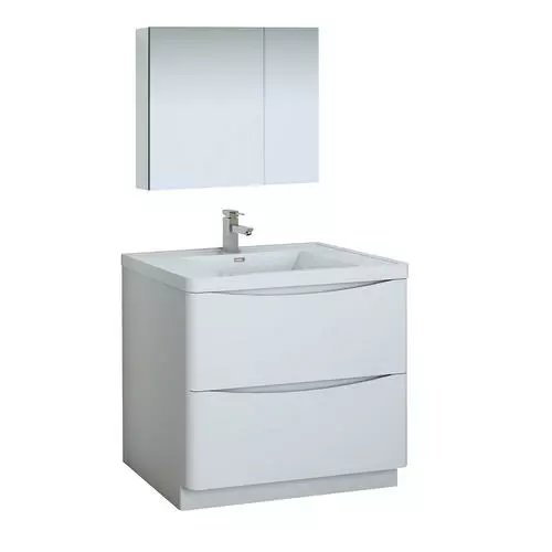 Fresca Tuscany 35.5"W X 19"D Glossy White Vanity with White Acrylic Top & Integrated Rectangular Bowl | Modern Bathroom Vanity with Medicine Cabinet 1 Fresca Tuscany 35.5"W X 19"D Glossy White Vanity with White Acrylic Top & Integrated Rectangular Bowl | Modern Bathroom Vanity with Medicine Cabinet