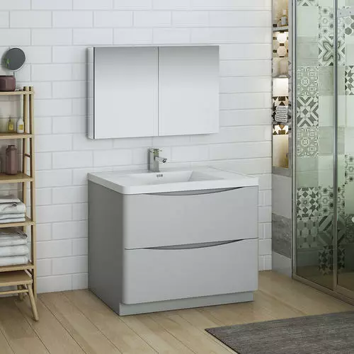 Fresca Tuscany 39.5"W Glossy Gray Vanity with White Acrylic Top & Integrated Rectangular Bowl | Modern Bathroom Vanity with Medicine Cabinet 2 Fresca Tuscany 39.5"W Glossy Gray Vanity with White Acrylic Top & Integrated Rectangular Bowl | Modern Bathroom Vanity with Medicine Cabinet - Image 2