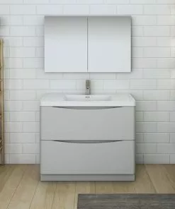 Fresca Tuscany 39.5"W Glossy Gray Vanity with White Acrylic Top & Integrated Rectangular Bowl | Modern Bathroom Vanity with Medicine Cabinet 9 Fresca Tuscany 39.5"W Glossy Gray Vanity with White Acrylic Top & Integrated Rectangular Bowl | Modern Bathroom Vanity with Medicine Cabinet -Tuscany Shop FVN9140GRG 2