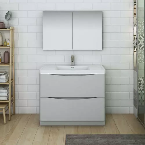 Fresca Tuscany 39.5"W Glossy Gray Vanity with White Acrylic Top & Integrated Rectangular Bowl | Modern Bathroom Vanity with Medicine Cabinet 3 Fresca Tuscany 39.5"W Glossy Gray Vanity with White Acrylic Top & Integrated Rectangular Bowl | Modern Bathroom Vanity with Medicine Cabinet - Image 3