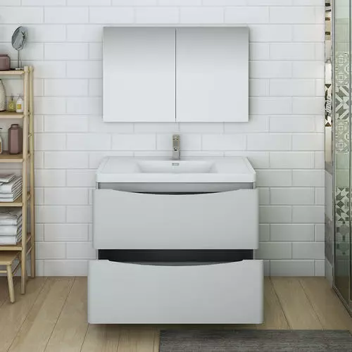 Fresca Tuscany 39.5"W Glossy Gray Vanity with White Acrylic Top & Integrated Rectangular Bowl | Modern Bathroom Vanity with Medicine Cabinet 4 Fresca Tuscany 39.5"W Glossy Gray Vanity with White Acrylic Top & Integrated Rectangular Bowl | Modern Bathroom Vanity with Medicine Cabinet - Image 4
