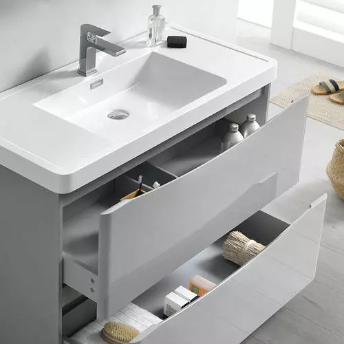 Fresca Tuscany 39.5"W Glossy Gray Vanity with White Acrylic Top & Integrated Rectangular Bowl | Modern Bathroom Vanity with Medicine Cabinet 7 Fresca Tuscany 39.5"W Glossy Gray Vanity with White Acrylic Top & Integrated Rectangular Bowl | Modern Bathroom Vanity with Medicine Cabinet - Image 7