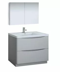 Fresca Tuscany 39.5"W Glossy Gray Vanity with White Acrylic Top & Integrated Rectangular Bowl | Modern Bathroom Vanity with Medicine Cabinet