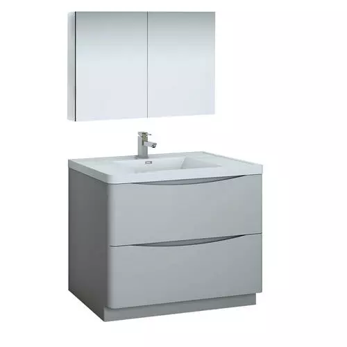 Fresca Tuscany 39.5"W Glossy Gray Vanity with White Acrylic Top & Integrated Rectangular Bowl | Modern Bathroom Vanity with Medicine Cabinet 1 Fresca Tuscany 39.5"W Glossy Gray Vanity with White Acrylic Top & Integrated Rectangular Bowl | Modern Bathroom Vanity with Medicine Cabinet