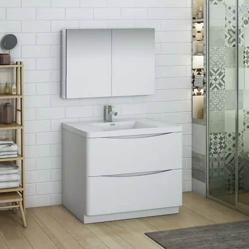 Fresca Tuscany 39.5"W White Vanity with Acrylic Top & Integrated Bowl - Modern Bathroom Design 2 Fresca Tuscany 39.5"W White Vanity with Acrylic Top & Integrated Bowl - Modern Bathroom Design - Image 2