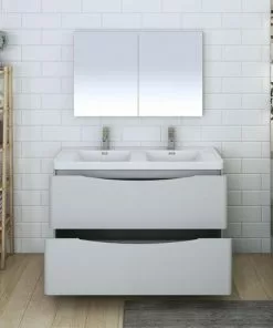 Fresca Tuscany 47"W Modern Bathroom Vanity with Glossy Gray Finish, White Acrylic Top & Integrated Rectangular Bowls, Includes Medicine Cabinet -Tuscany Shop FVN9148GRG D 3