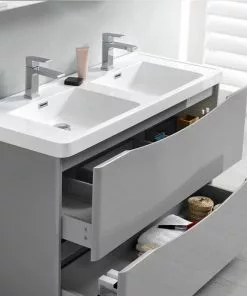 Fresca Tuscany 47"W Modern Bathroom Vanity with Glossy Gray Finish, White Acrylic Top & Integrated Rectangular Bowls, Includes Medicine Cabinet -Tuscany Shop FVN9148GRG D 6