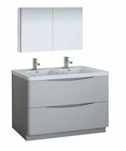 Fresca Tuscany 47"W Modern Bathroom Vanity with Glossy Gray Finish, White Acrylic Top & Integrated Rectangular Bowls, Includes Medicine Cabinet