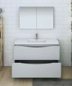 Fresca Tuscany 47"W Modern Bathroom Vanity with Glossy Gray Finish, White Acrylic Top, Integrated Rectangular Bowl & Medicine Cabinet -Tuscany Shop FVN9148GRG 3