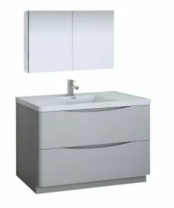 Fresca Tuscany 47"W Modern Bathroom Vanity with Glossy Gray Finish, White Acrylic Top, Integrated Rectangular Bowl & Medicine Cabinet