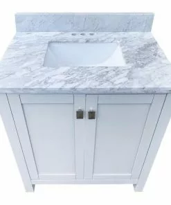 Tuscany® Rio 30"W X 22"D White Vanity with White Carrara Marble Top & Rectangular Undermount Bowl -Tuscany Shop TUSCANYRIO30WHITETOP