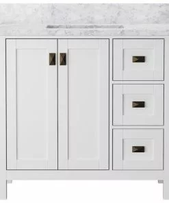 Tuscany® Rio 36"W x 22"D White Vanity with White Carrara Marble Top & Rectangular Undermount Bowl - Elegant Bathroom Storage Solution