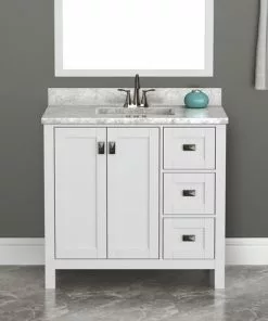 Tuscany® Rio 36"W x 22"D White Vanity with White Carrara Marble Top & Rectangular Undermount Bowl - Elegant Bathroom Storage Solution -Tuscany Shop TUSCANYRIO36WHITEINSCENE