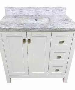 Tuscany® Rio 36"W x 22"D White Vanity with White Carrara Marble Top & Rectangular Undermount Bowl - Elegant Bathroom Storage Solution -Tuscany Shop TUSCANYRIO36WHITETOP