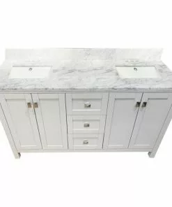 Tuscany Rio 60"W White Vanity with Carrara Marble Top & Rectangular Undermount Bowls -Tuscany Shop TUSCANYRIO60WHITETOP