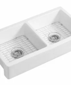 Tuscany® Farmhouse/Apron Front White Ceramic Double Bowl Kitchen Sink | Durable & Stylish Design -Tuscany Shop altside