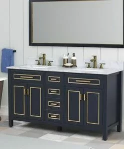 Tuscany® Tirana 60"W Blue Vanity with Carrara Marble Top & Rectangular Undermount Bowls -Tuscany Shop tirana60bluesceneleft